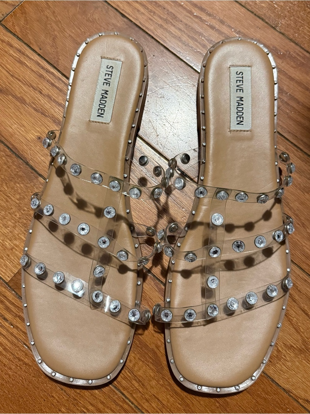 Steve Madden Tan Clear Studded Slide Sandals with Silver Accents